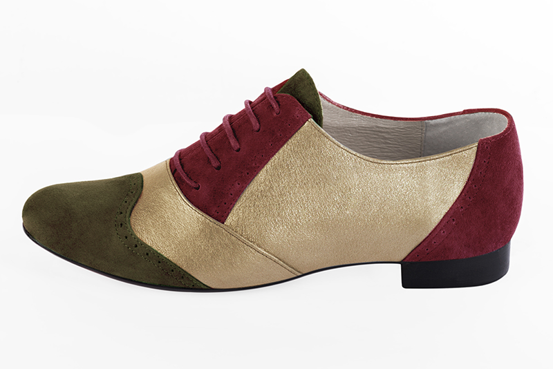 Khaki green, gold and burgundy red women's fashion lace-up shoes. Round toe. Flat leather soles. Profile view - Florence KOOIJMAN